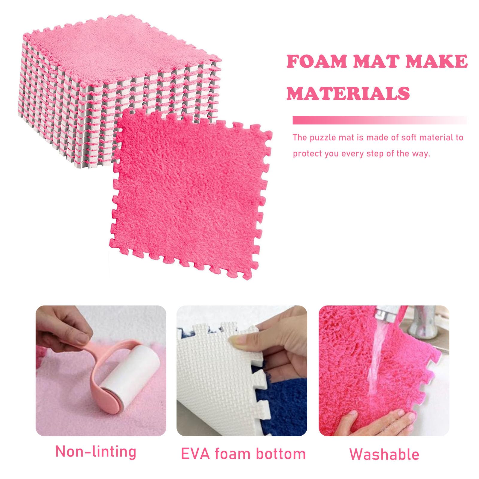 Quadratische Puzzle-Bodenmatte aus ineinandergreifendem Schaumstoff, 30,5 x, cm, Mehrfarbig, 10 Stück Teppichschaumquadrate(Pink+Rose Red)