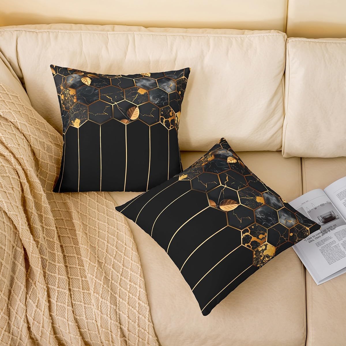 Marble Throw Pillow Covers 24x24 Set of 2, Black Grey Geometric Gold Plaid Cushion Covers, Modern Diamond Decorative Accent Pillow Cases Metallic Stripe Beehive Hexagon Grid Pillow Covers,Honeycomb
