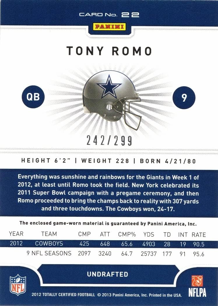 2012 Panini Totally Certified Platinum Red Materials Memorabilia #22 Tony Romo Game Worn Jersey Football Card - Only 299 made