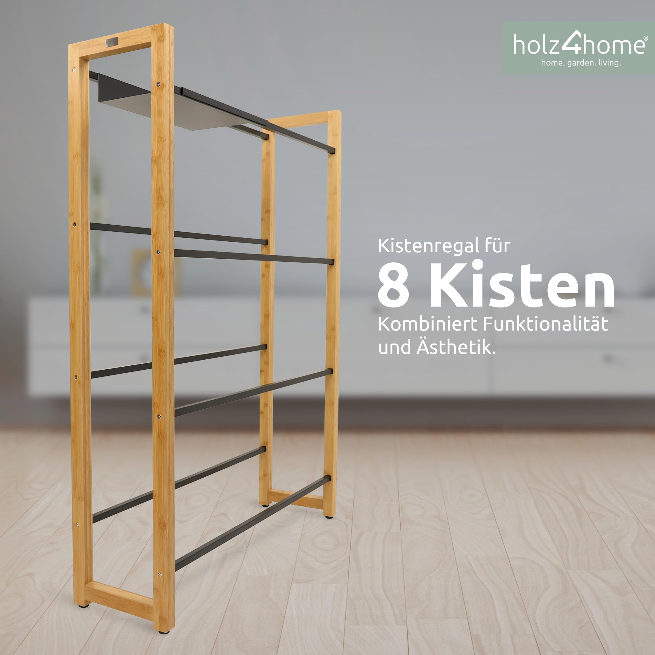 holz4home® Getränkekistenregal aus Bambus I 8 Kisten I inkl. Metallablage I Schwarze Metallstreben I Kellerregal Getränkeregal für Küche & Keller