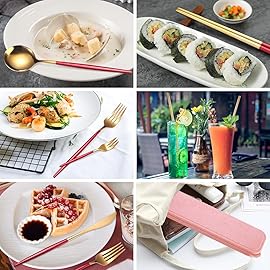 AARAINBOW 8 Pieces Stainless Steel Flatware Set Portable Reusable Cutlery Set Travel Utensils Set Including Chopsticks Knife Fork Spoon Straws Cleaning Brush Dishwasher Safe (Red Golden)