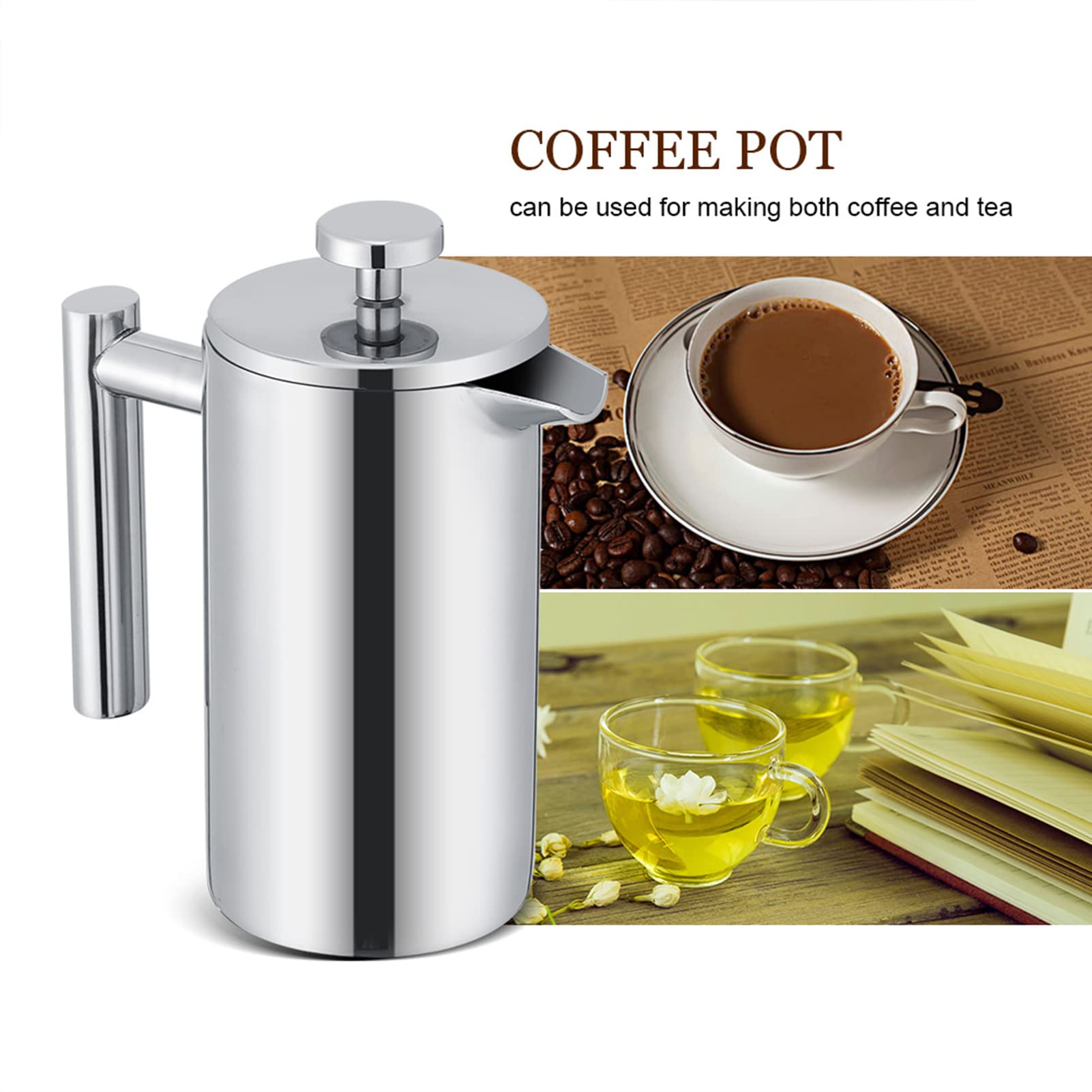 Jwthee French Press Coffee Maker, 11.8oz Stainless Steel French Press Coffee Pot Double Wall Insulated French Coffee Press Coffee Kettle Hand Brewing Coffee Pot for Home Restaurant Outdoo
