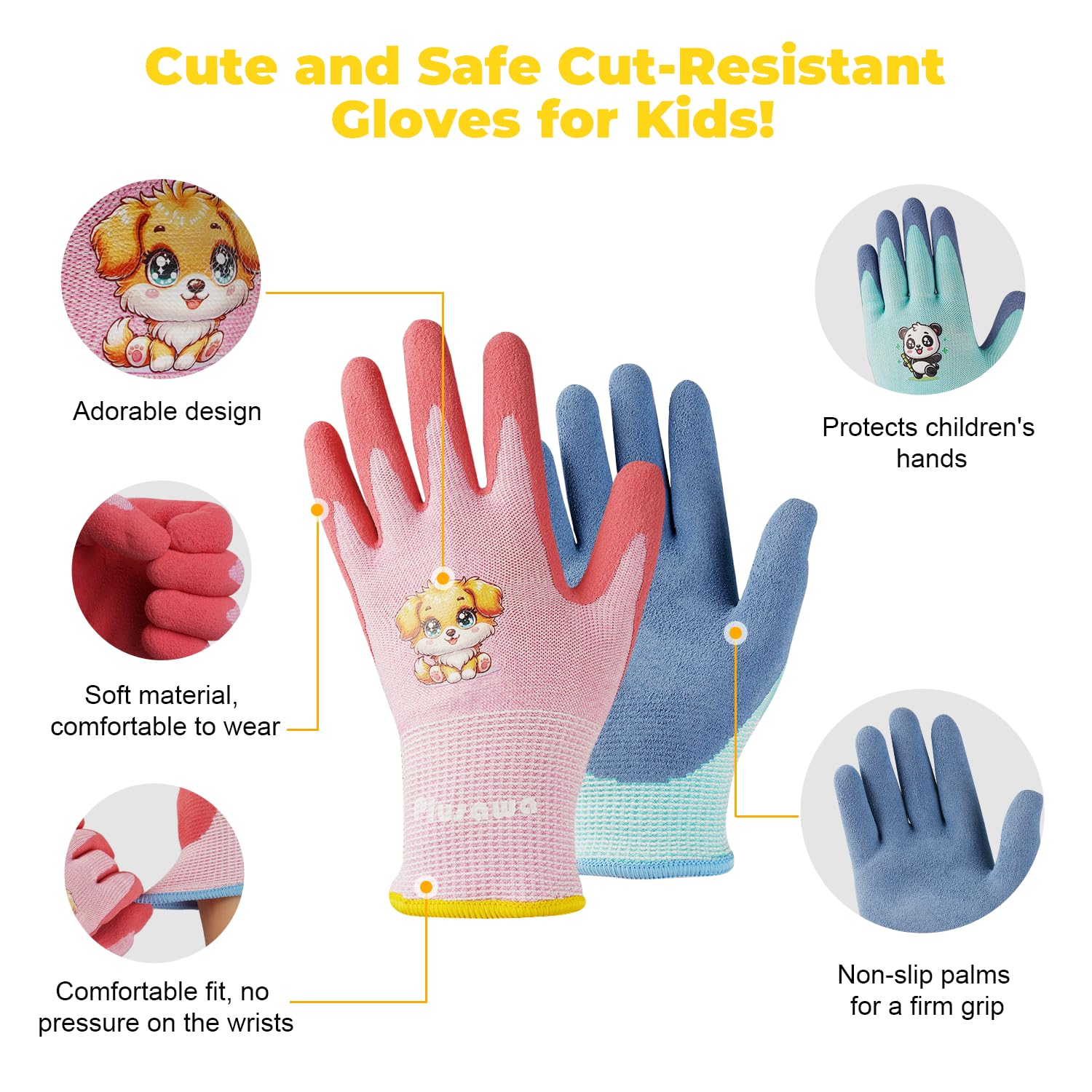 Plusawa Kids Gardening Gloves, Cut Resistant Work Gloves for Ages 3-12, Breathable Knitted Liner, Natural Latex Coated Palm - Image 3