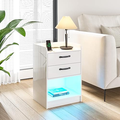 Miniatura 5 de 4 EVER WINNER Juego de 2 mesitas de noche con luz LED con estación de carga mesa auxiliar con 2 cajones para dormitorio mesita de noche con tomas de