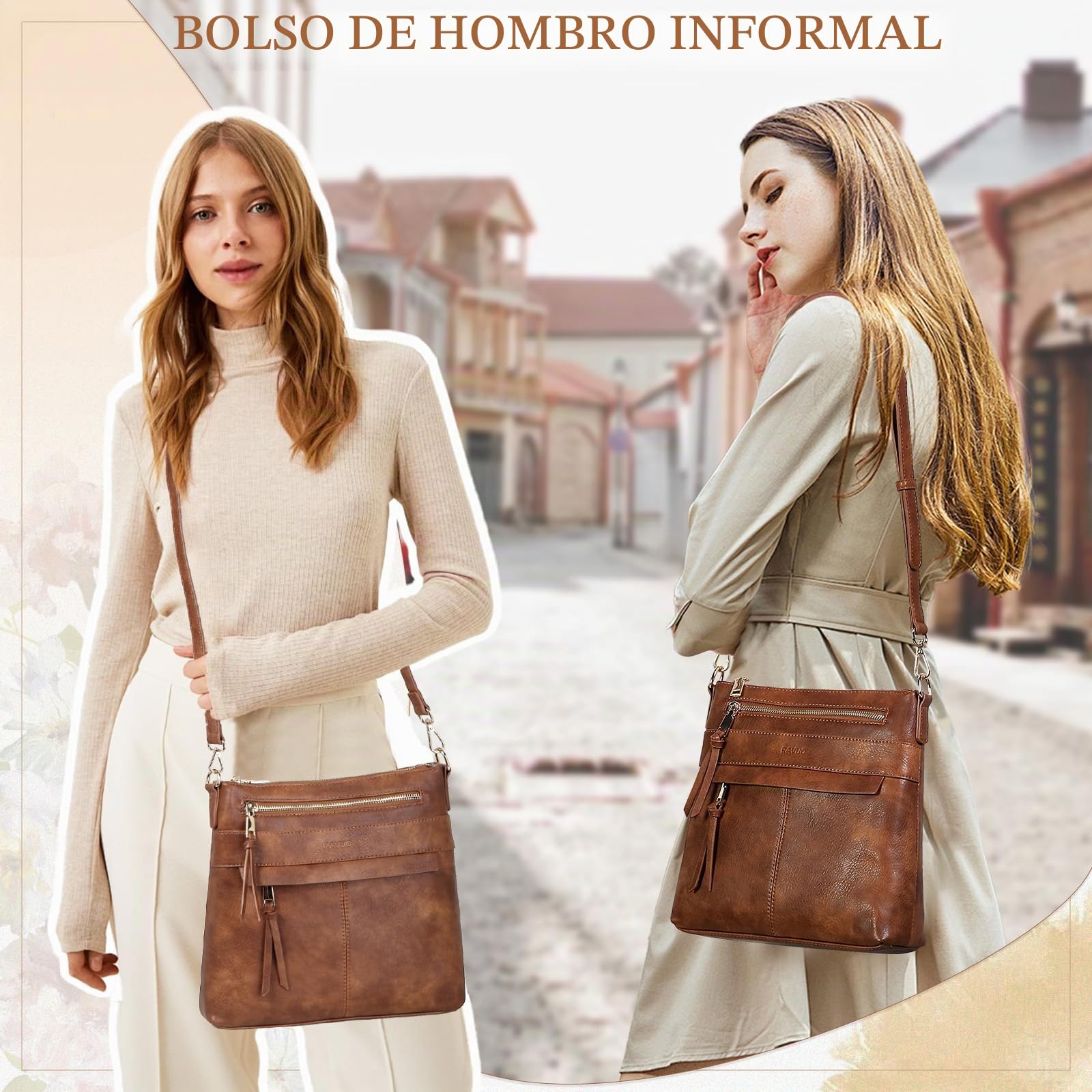 RAVUO Bolso Bandolera Mujer, Grande Bolso Cruzado de Cuero Pu Bolso Hombro Piel con 2 Correas Ajustable Crossbody Bag para Diario Viaje,Marrón