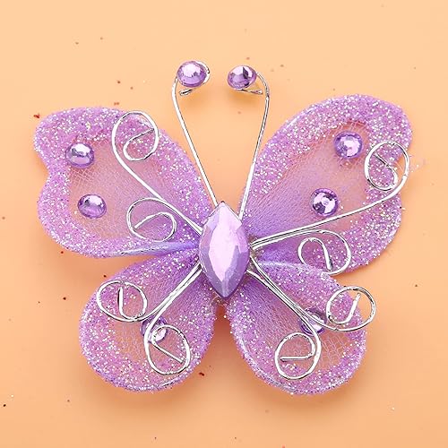 Miniatura 6 de Mariposas de organza, 24 piezas de alambre de malla transparente púrpura con purpurina, mariposas, bodas, fiestas, ropa, decoración, suministros de