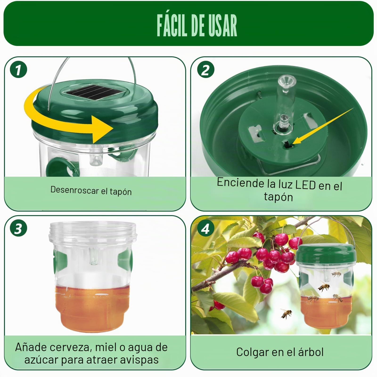 Trampa para avispas, paquete de 2 trampas para avispas para colgar al aire libre, reutilizables, impermeables, trampas para avispa chaqueta amarilla con luz LED, trampas eficaces para avispones