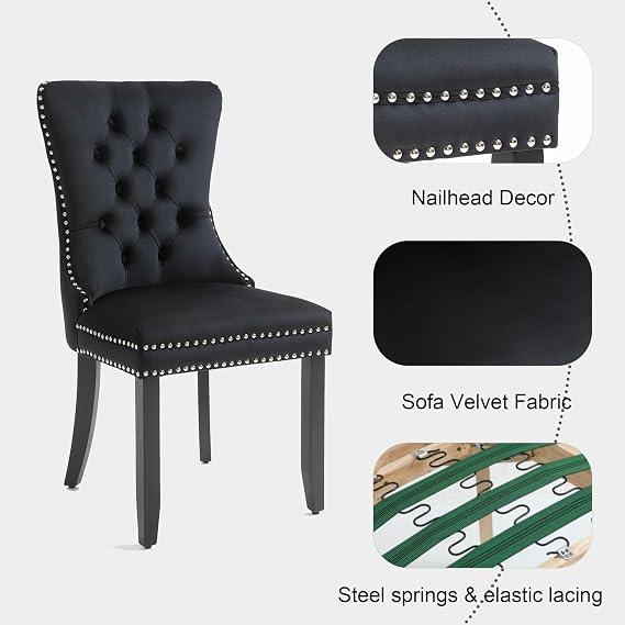 Contemporary Button Tufted Dining Chairs High-end Velvet Upholstered Dining Chairs with Nailhead Back and Ring Pull Trim Wood Kitchen Chairs for Dining Room (Black, Set of 2)