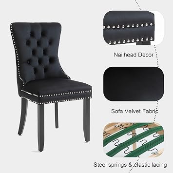 Contemporary Button Tufted Dining Chairs High-end Velvet Upholstered Dining Chairs with Nailhead Back and Ring Pull Trim Wood Kitchen Chairs for Dining Room (Black, Set of 2)