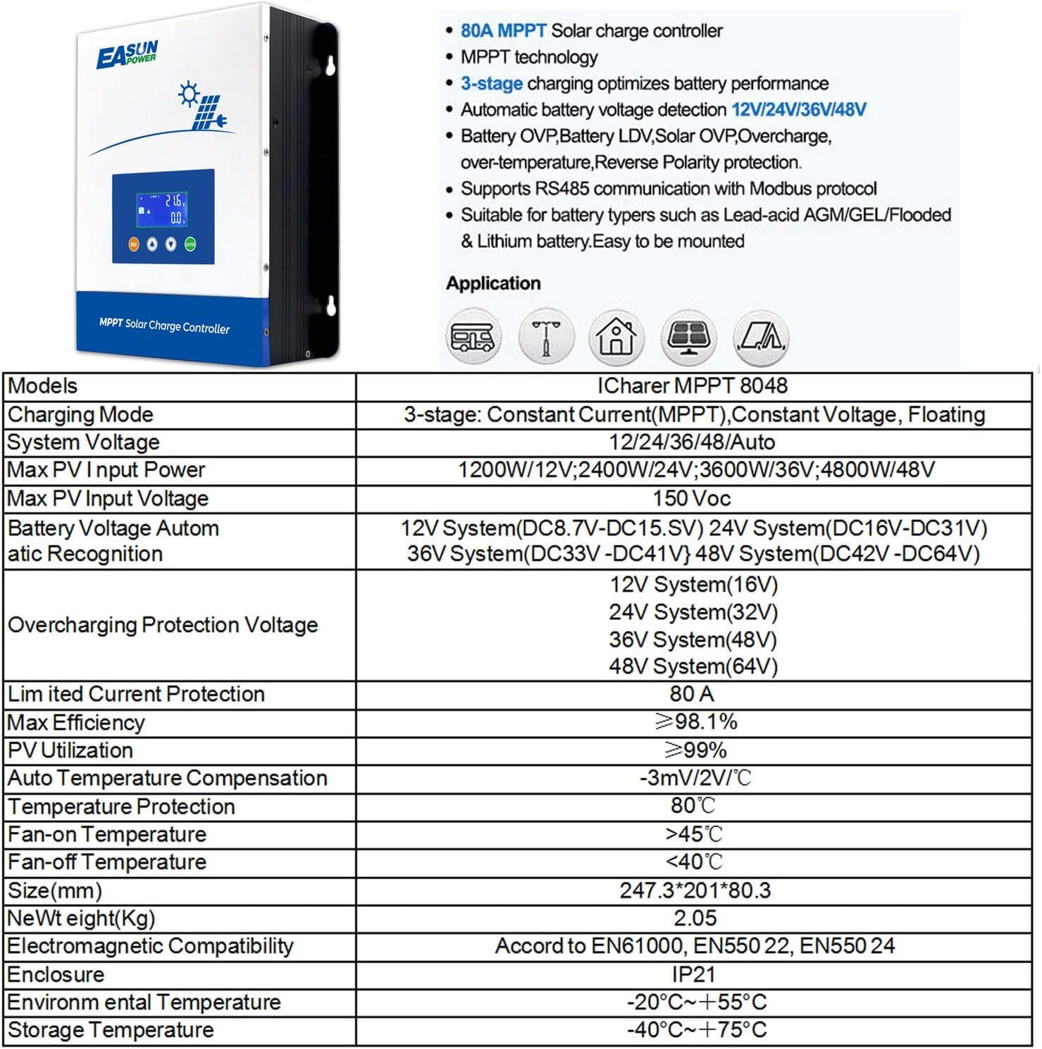POWLAND Regolatore di carica solare MPPT da 100a, 12V 24V 36V 48V Auto, Ingresso fotovoltaico max 150Vdc, Display LCD, Regolatore di carica per modulo solare per batteria al litio GEL/SEL/FLD