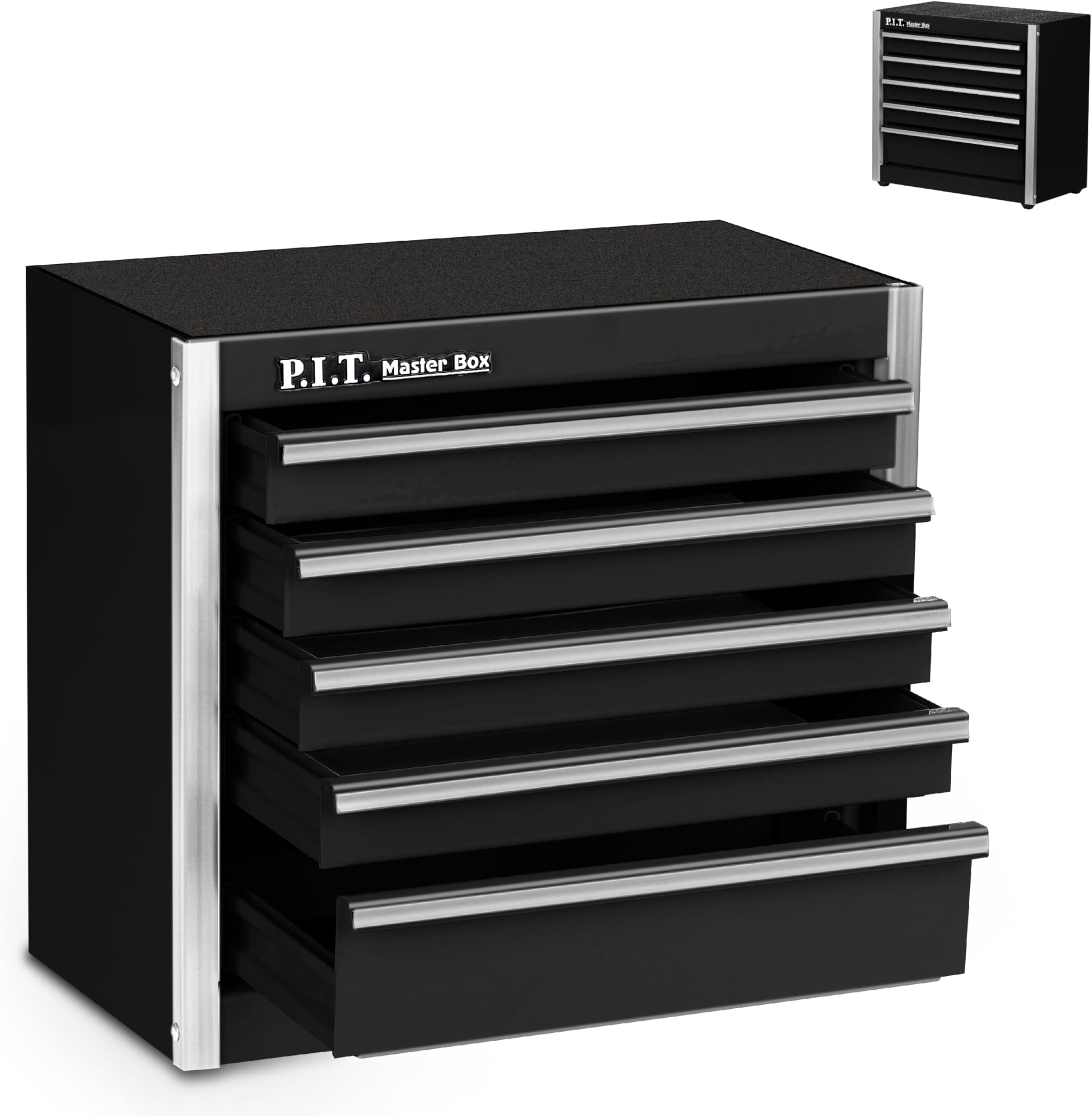 P.I.T. Mini Black Tool Box, Portable 5-Drawer Micro Roll Cab Steel Box With Liner, Small Case For Tools Storage, Home Diy
