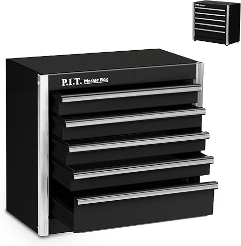 P.I.T. Mini Caja de Herramientas Negra, Caja de Herramientas Portátil de 5 Cajones Micro Roll Cab de Acero Apilable con Forro, Caja de Herramientas