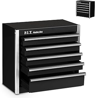 P.I.T. Mini Black Tool Box, Portable 5-Drawer Micro Roll Cab Steel Stackable Tool Box with Liner, Black Small Tool Case for Tools Storage and Organizers, Home DIY