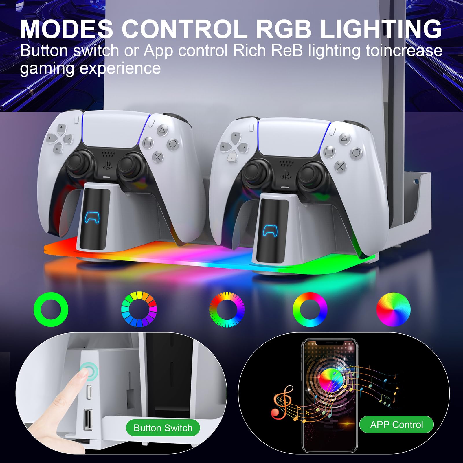 PS5/PS5 Slim/PS5 Pro Kit de Montaje en Pared con estación de Carga RGB LED para PS5 y PS5 Consolas Delgadas Disco y Digitales,Soporte de Pared de Acero,Colgador de Auriculares