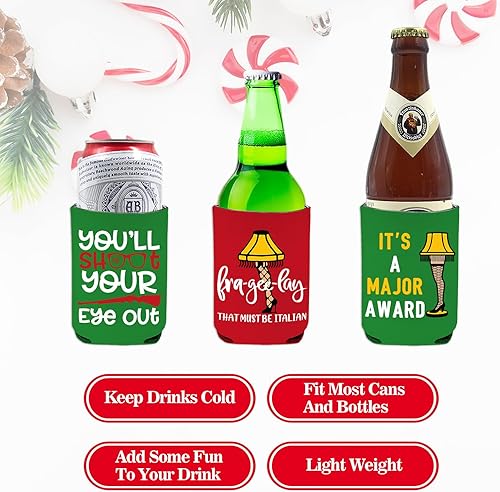 Miniatura 3 de Divertidas fundas navideñas para latas de cerveza, decoraciones de mercancía de historia de Navidad, 8 fundas enfriadoras de latas, enfriadores de