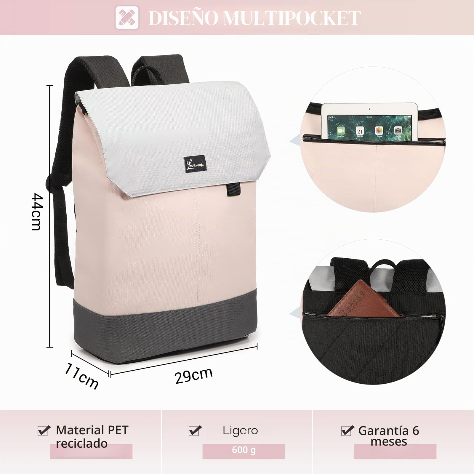 LOVEVOOK Mochila Portatil Mujer, 15.6 Pulgadas Mochila Antirrobo Impermeable Elegante para Ordenador Portátil con Carga USB para la Viajes, Universidad, Negocios-Rosa