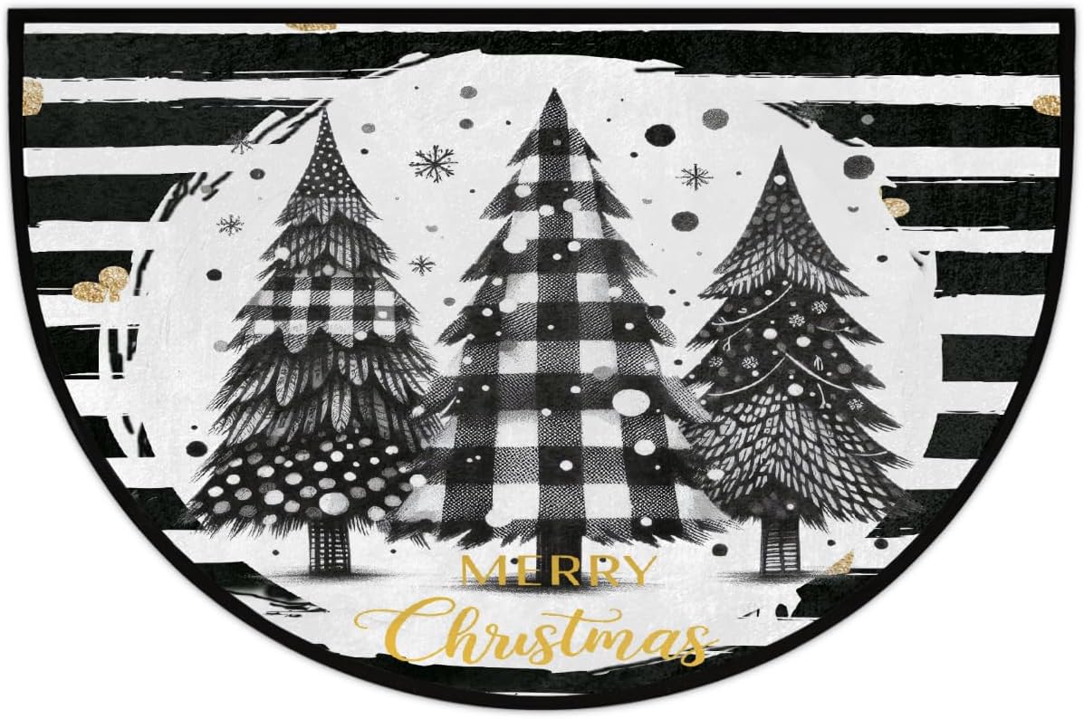 Half Round Door Mat Black Tree Christmas Non Slip Absorbent Semi Circle Area Rugs Washable Half Moon Floor Mats for Indoor Patio Kitchen Bathroom Entryway Fireplace Home Carpet Decor