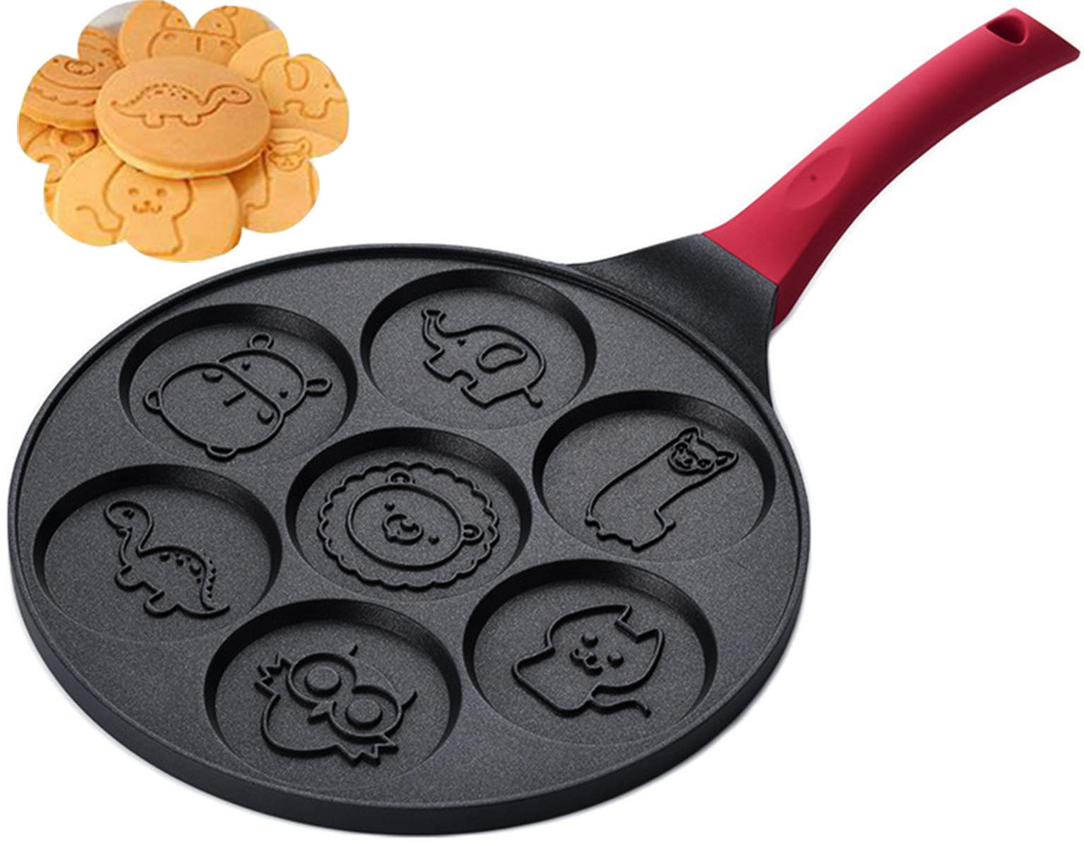 Pancake Pan with Silicone Handle - 10 Inch Grill Pan Non-stick Griddle 7 Cavity Mini Pancake Maker for Baking Cake Pancke (Animal)