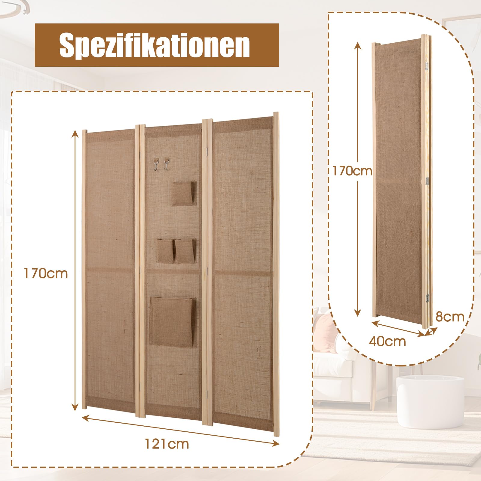 COSTWAY Paravent 170 x 121cm, Raumteiler mit 2 Haken, 1 große & 3 kleine Aufbewahrungstaschen, 3 teilige Trennwand klappbar, Leinen Optik, Holzrahmen, Sichtschutz für innen