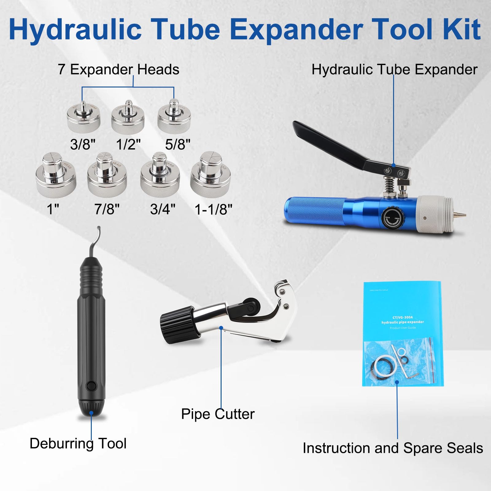 Hydraulischer Rohr-Expander Swaging Tool Set, 0,95 cm bis 3,8 cm OD HVAC Rohr Expander Werkzeuge mit 7 Expanderköpfen, Rohrschneider, Entgratwerkzeug, Bördelwerkzeug HVAC für Kupfer/Aluminium
