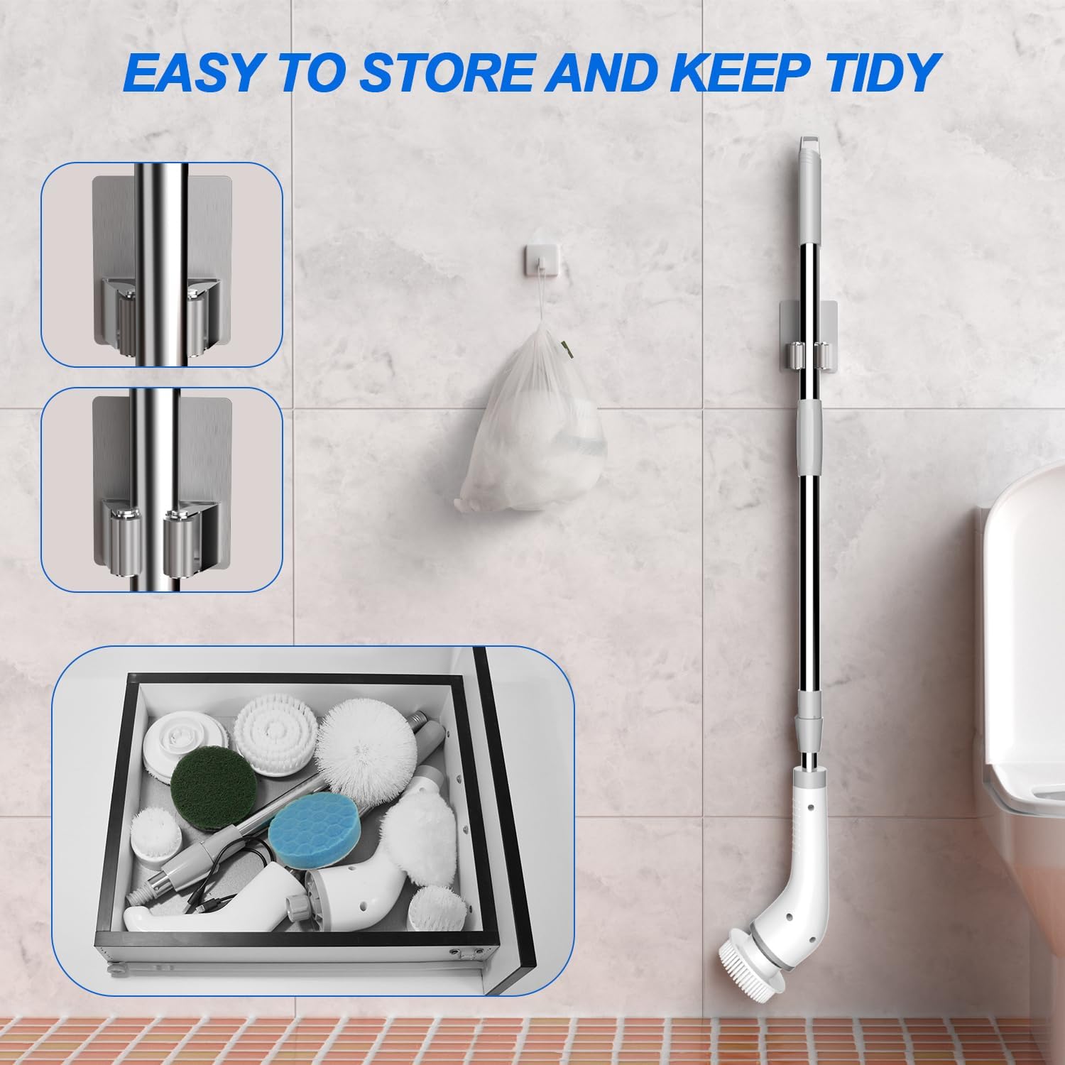 Electric Spin Scrubber stored on wall mounts and brush heads in a drawer