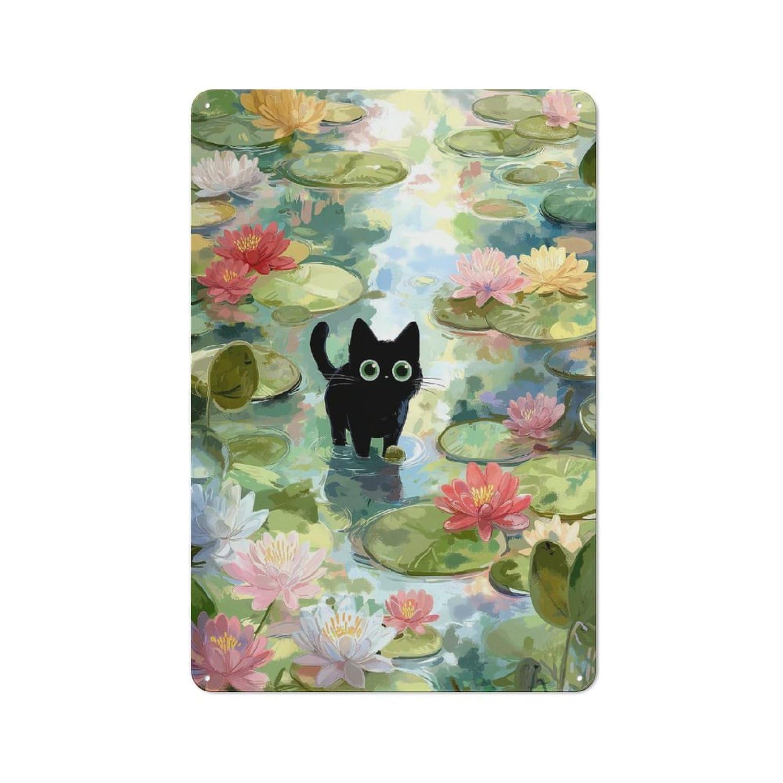 Junmoney Black Cat In Lily Pond Vintage Tin Sign 30X20cm With For Living Room Or Hallway, For Living Room Decor Lovers