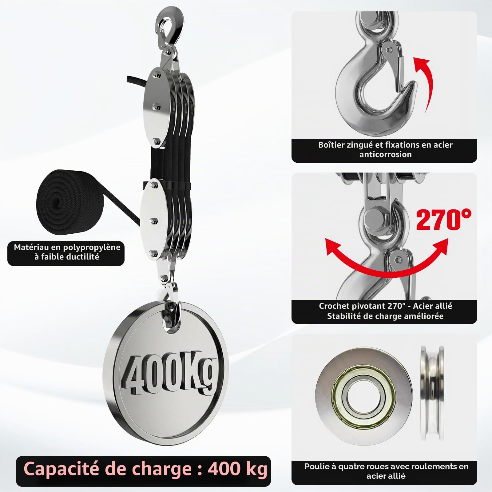 Poulie avec frein à câble, poulie de levage pour charges lourdes avec une capacité de 400 kg, corde en nylon de 20 m et crochet rotatif à 270°, système de poulie à câble pour levage de charges lourdes
