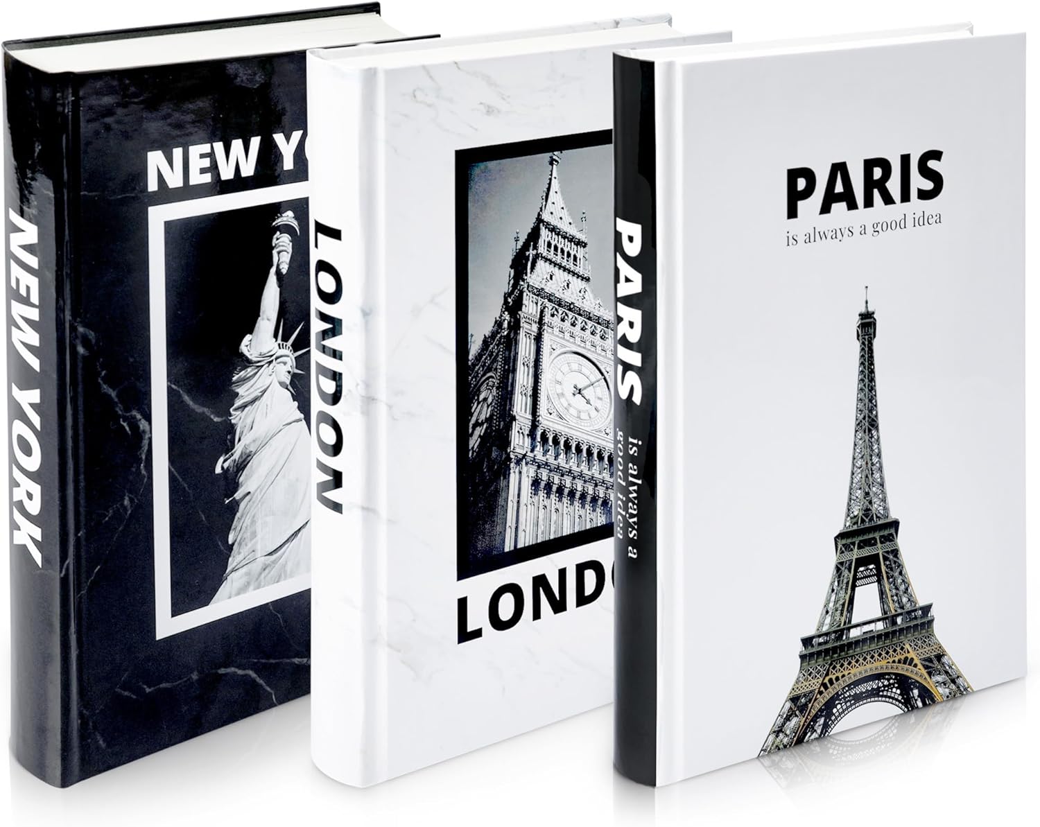 Decorative Books for Home Decor – Foldable Black and White Faux Book Set Featuring Paris, London & New York – Modern Coffee Table & Bookshelf Decor, Minimalist Book Decor Accents