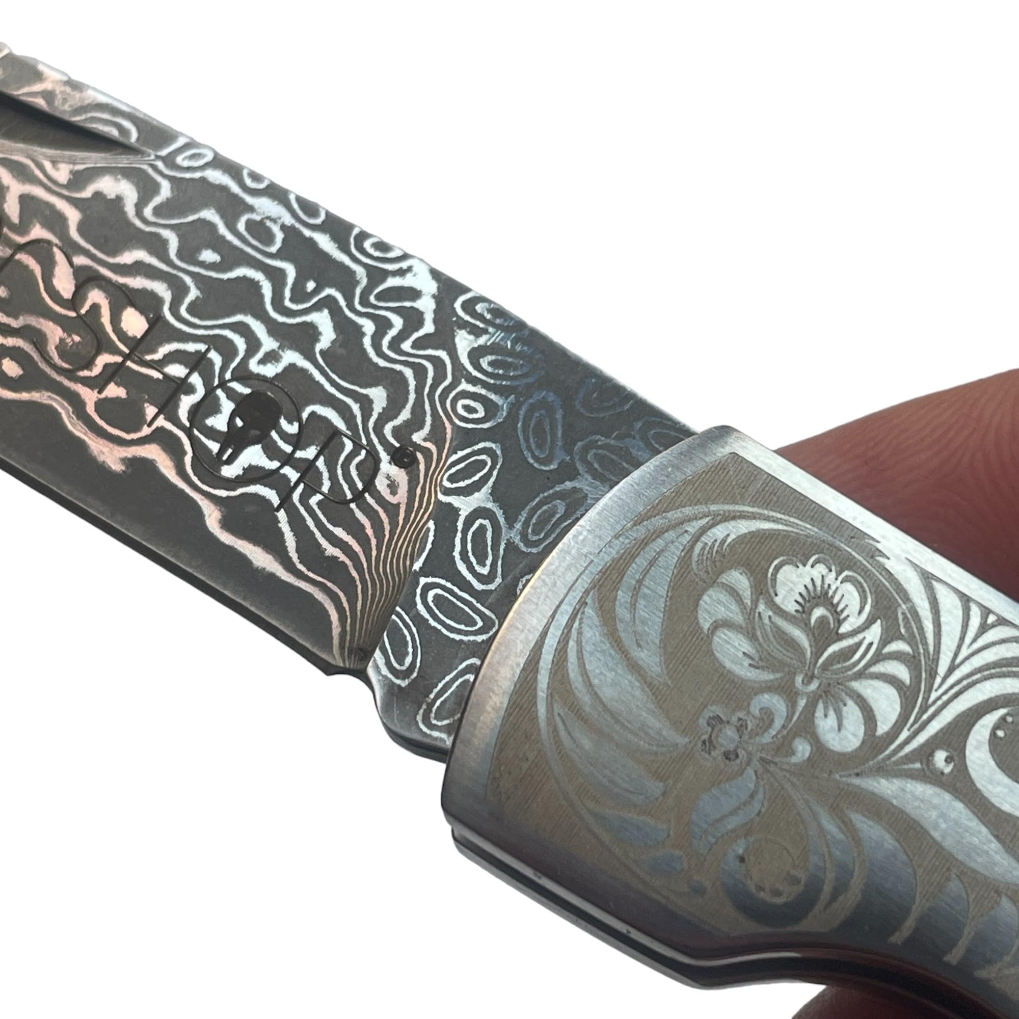 Navaja Damasquinada - 17,40 cm - hoja 7,20 cm damasquinada de acero damasco 67 lamas - mango negro de madera 10,20 cm - peso 91,60 gr - Bushcraft Ideal para Portabilidad y Uso Diario