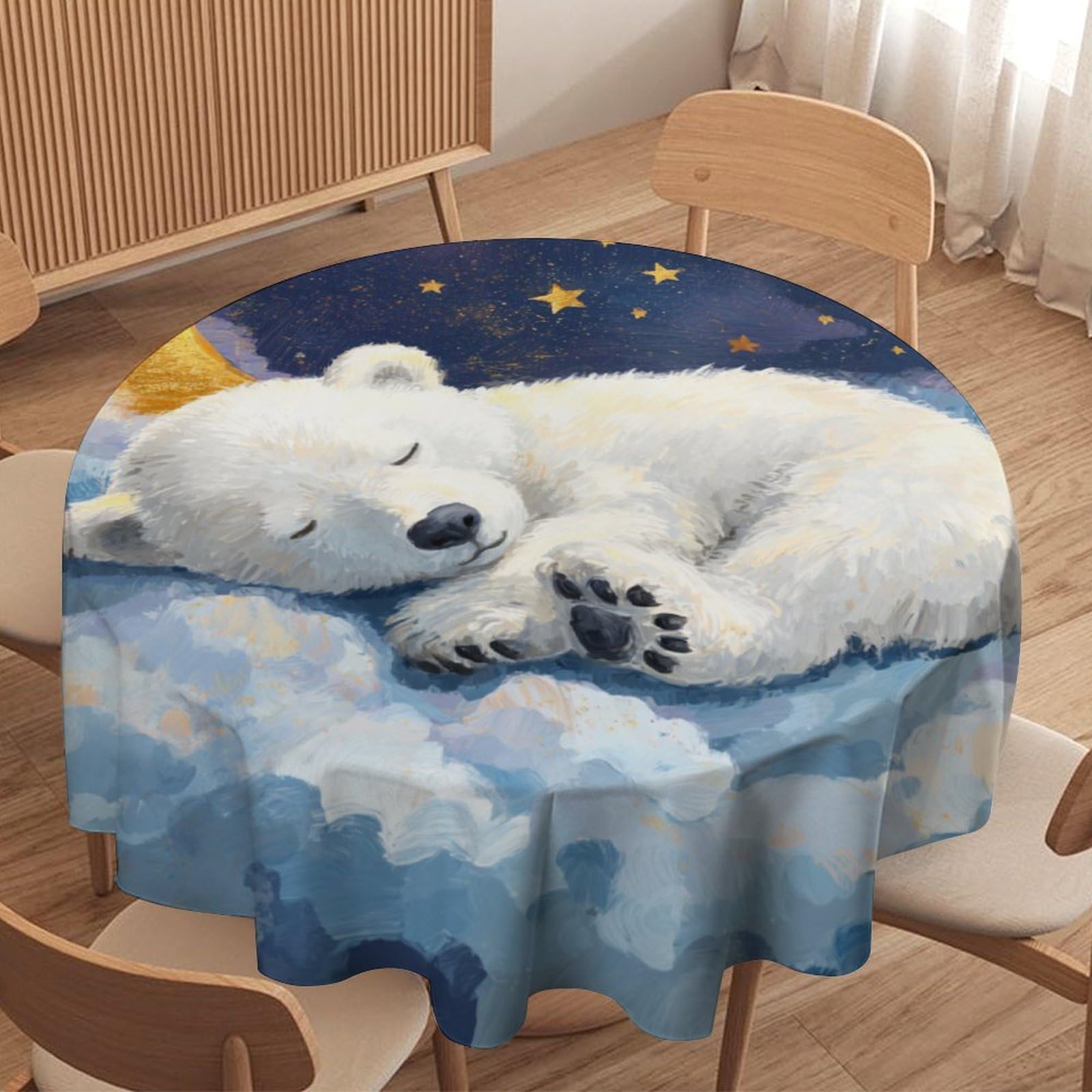 LUYYSKY Colorful Abstract Polar Bears Waterproof Round Tablecloth Fantasy Watercolor Moon Starry Sky Clouds Animals Polar Bear Washable Table Cover for Kitchen-127 Wx127 L cm