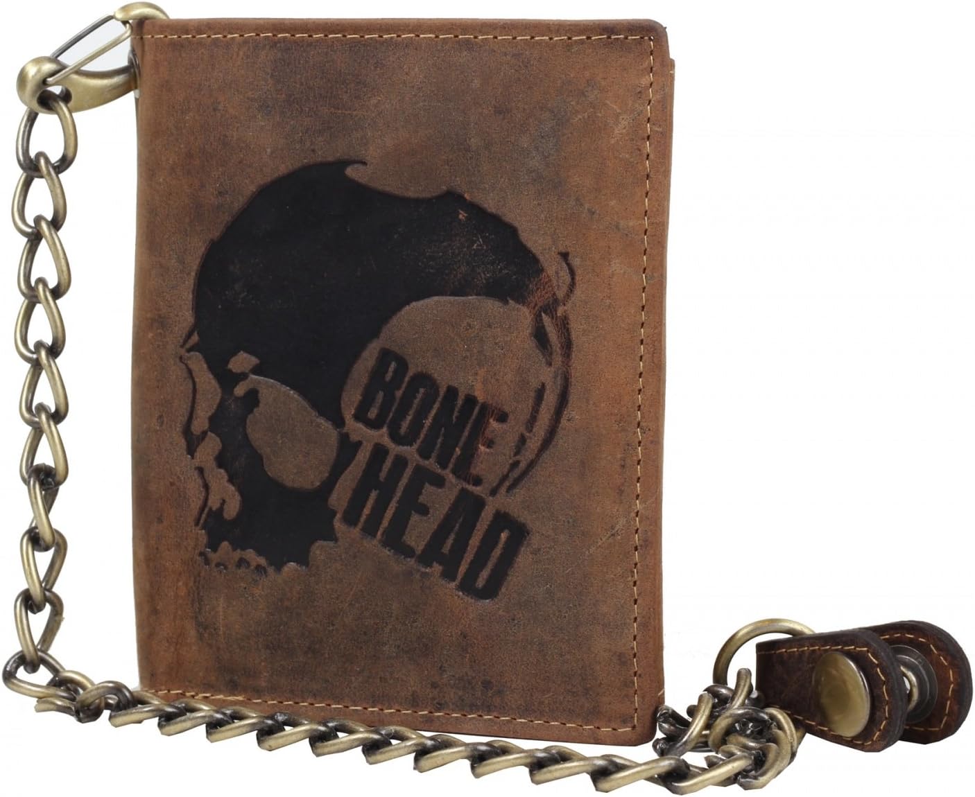 Greenburry Wallet with Chain Biker Wallet Skull Motif Bone Head Brown Made from genuine Cowhide Plant-based Tanning with 15 Card Slots