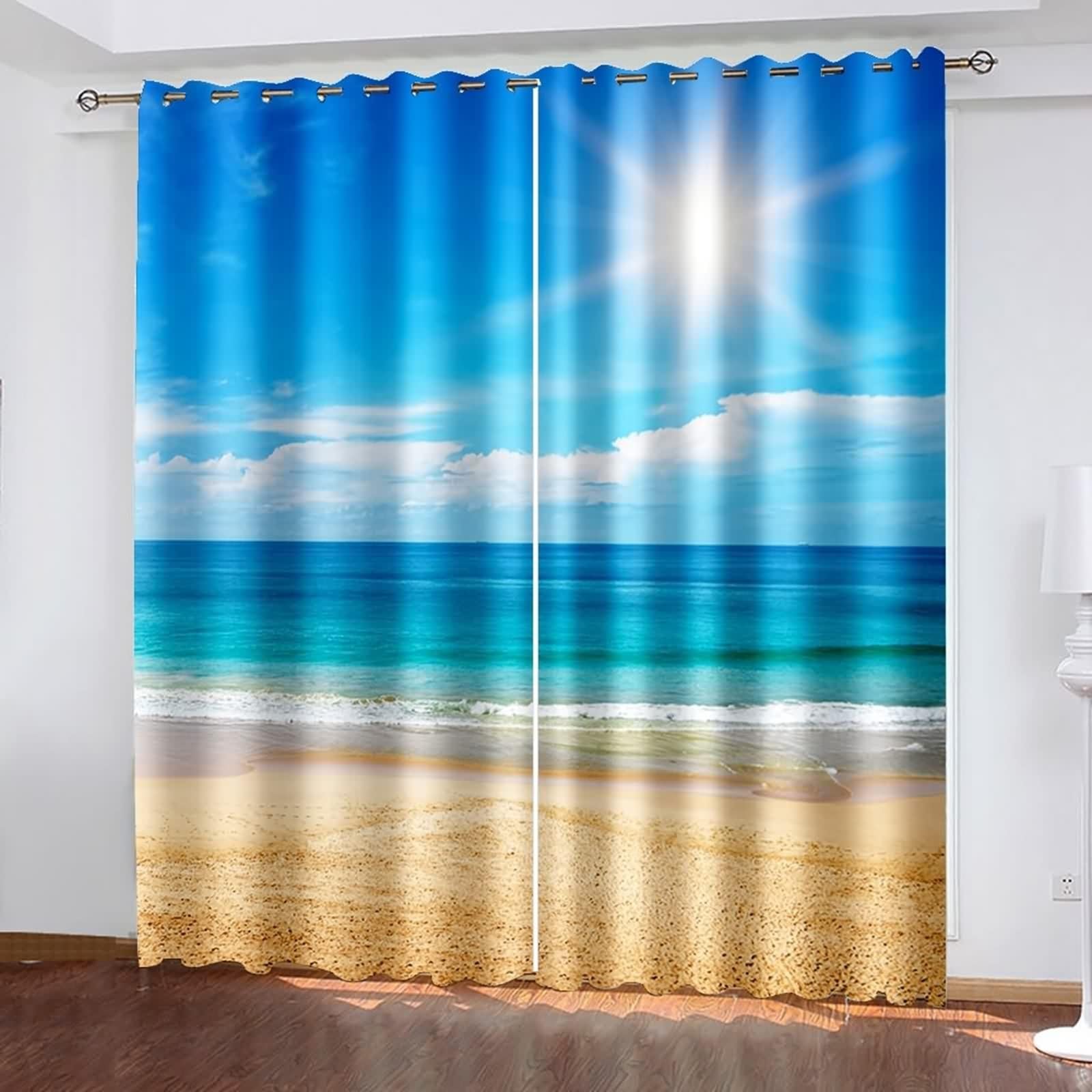 Rideau Occultant, Rideau Anniversaire Bleu Blanc Marron Polyester Soleil, Mer et Plage 214L x 274H CM Lot de 2