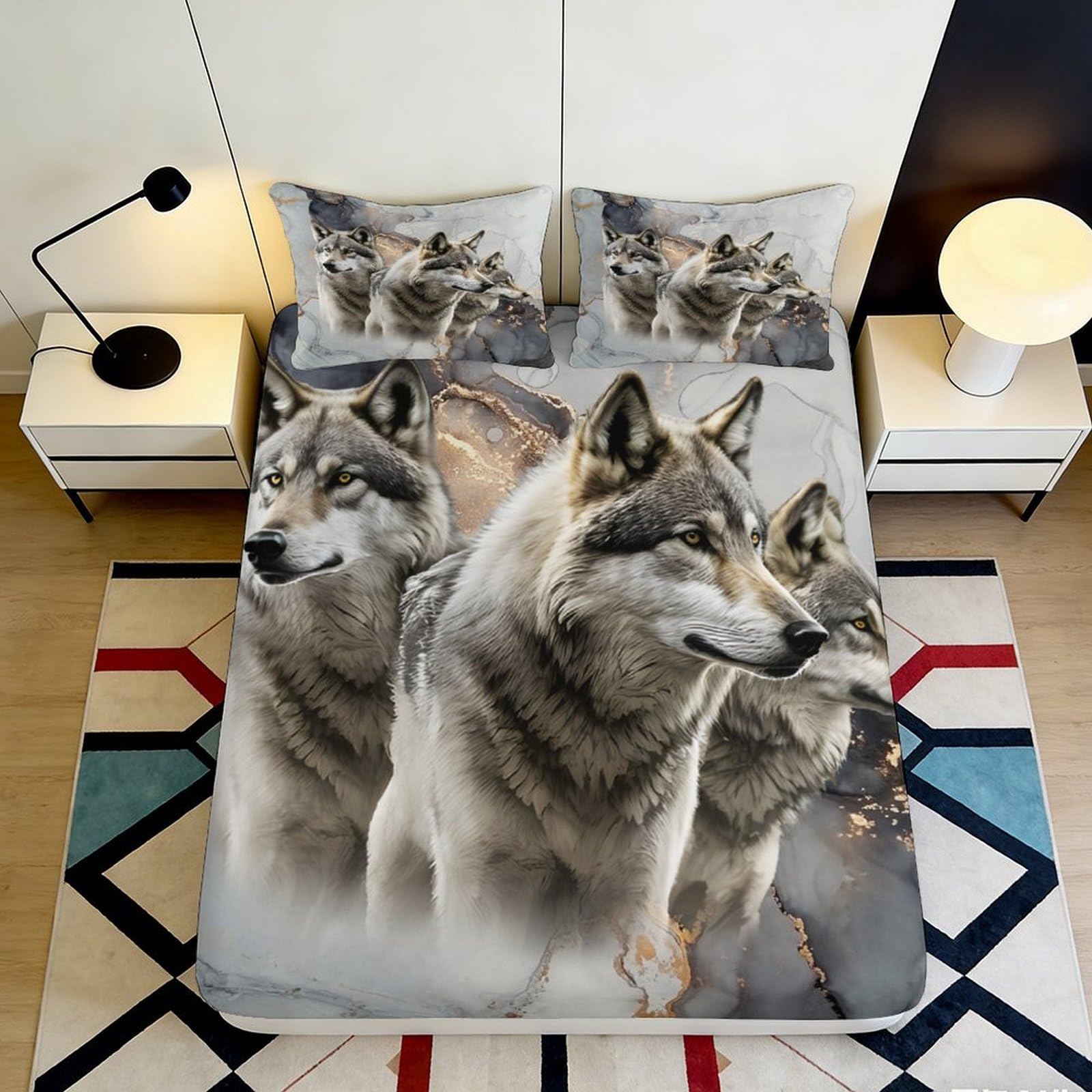 3D Printed Wolf Forest Fitted Sheet Microfiber Soft Breathable Animal Pack Mattress Cover for Bedroom Dorm Decor 90x200x25cm
