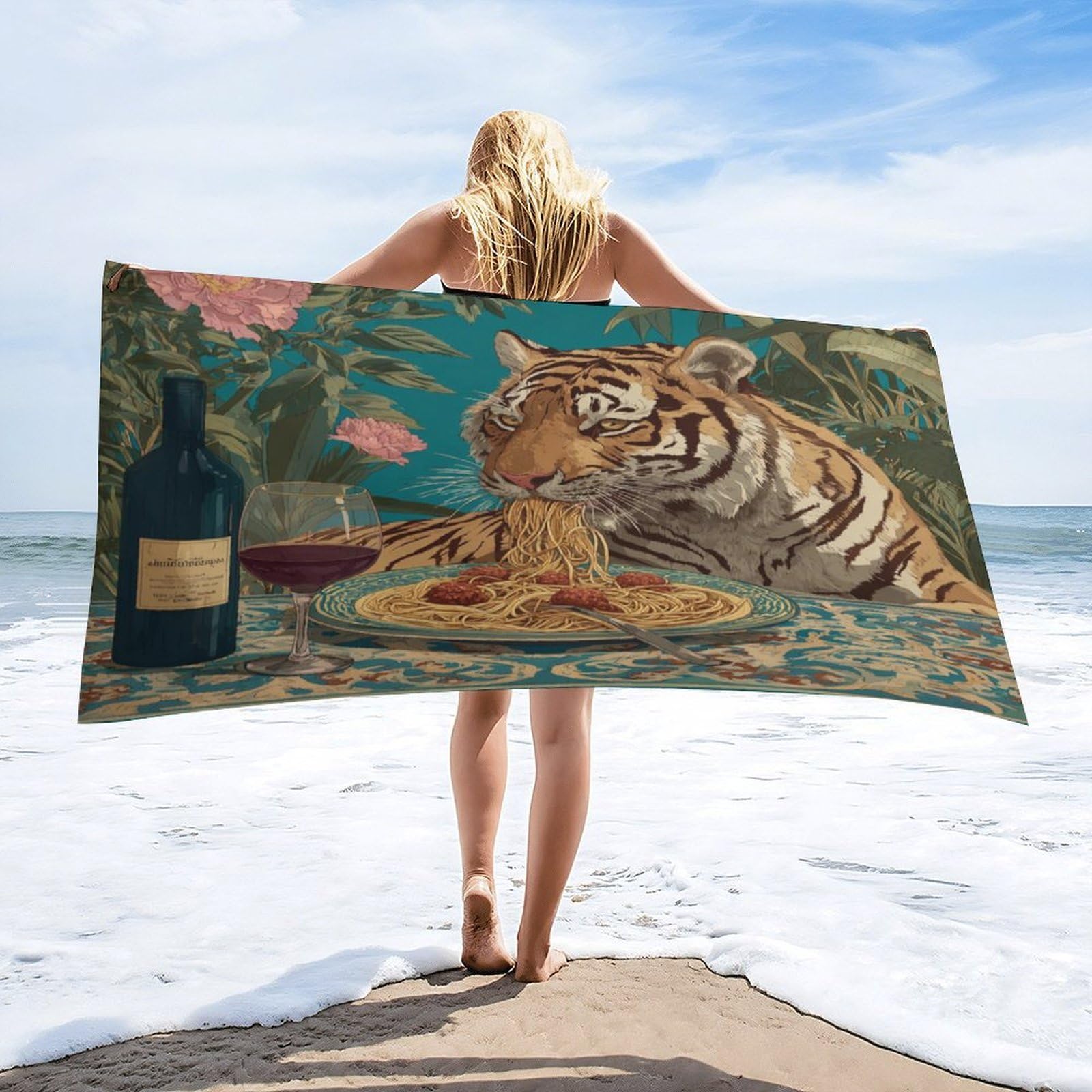 Luyysky Classic Elegant Animal Tiger Quick-Drying Beach Towel, Retro Oil Painting Tropical Plant Floral Palm Leaves Italian Food Travel Vacation Single Sided Pile Bathroom Towels-80 W Cm X 160" L Cm