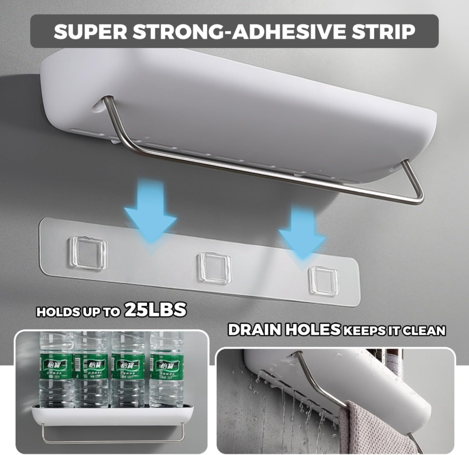 Bathroom Organizer - Wall Mounted Shower Caddy Shelf - with Towel Bar - Extra Strong Self Adhesive - No Drilling - Easy Drainage - Rustproof. (White/Gray)
