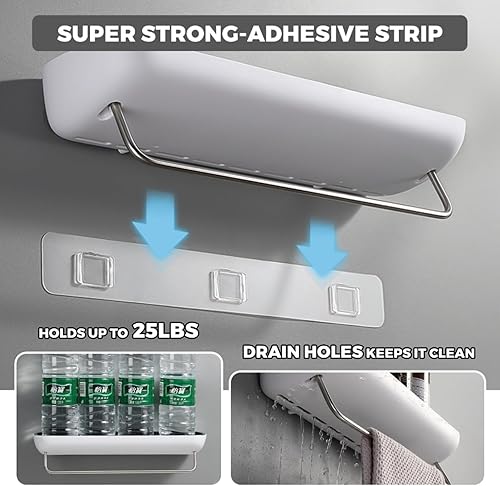 Miniatura 7 de Organizador de baño  Estante de ducha montado en la pared  con toallero  autoadhesivo extra fuerte  sin taladrar  Fácil drenaje  Resistente al óxido