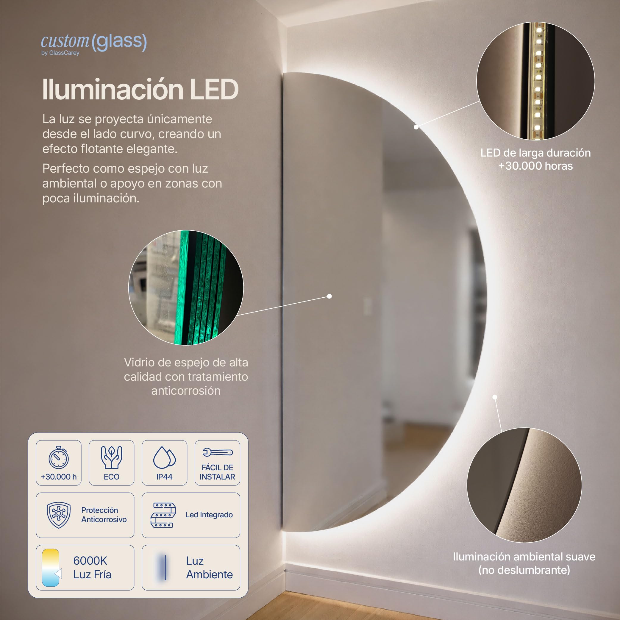 CustomGlass - Miroir de salle de bain semi-circulaire avec éclairage LED l 59 x 25 cm