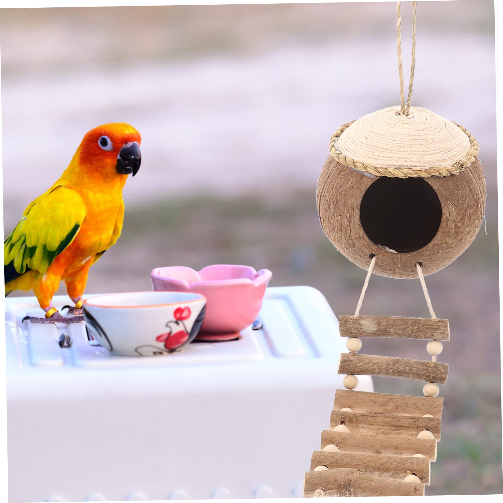 BESPORTBLE 1 Set Hanging Bird Nest Coconut Shell House with Ladders for Parrots and Pets Birdcage Accessory for Climbing and Playtime