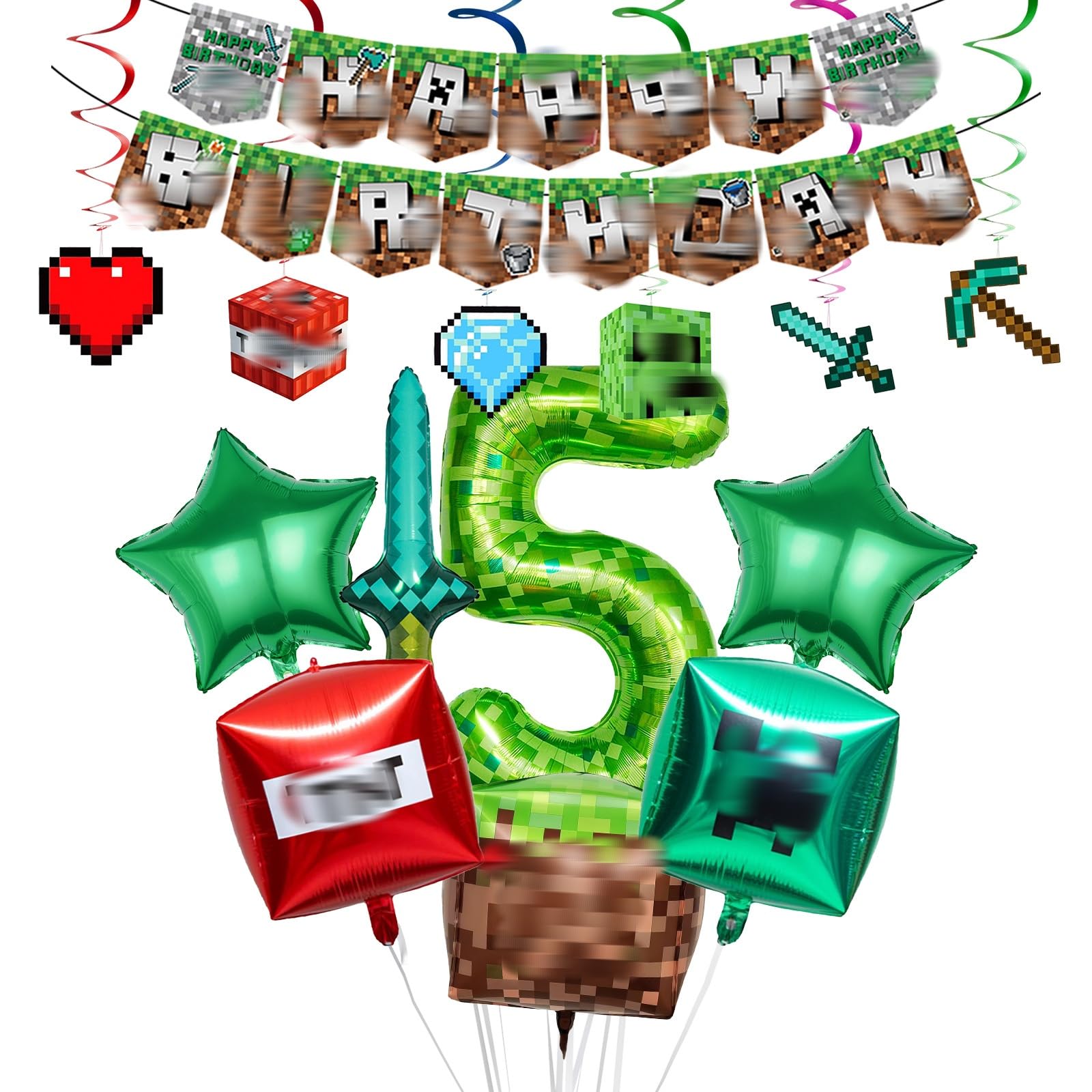 14Pcs Gaming Birthday Decorations, 5th Pixel Birthday Party Decorations with Balloons Banner Hanging Swirls for Fans Kids Boys