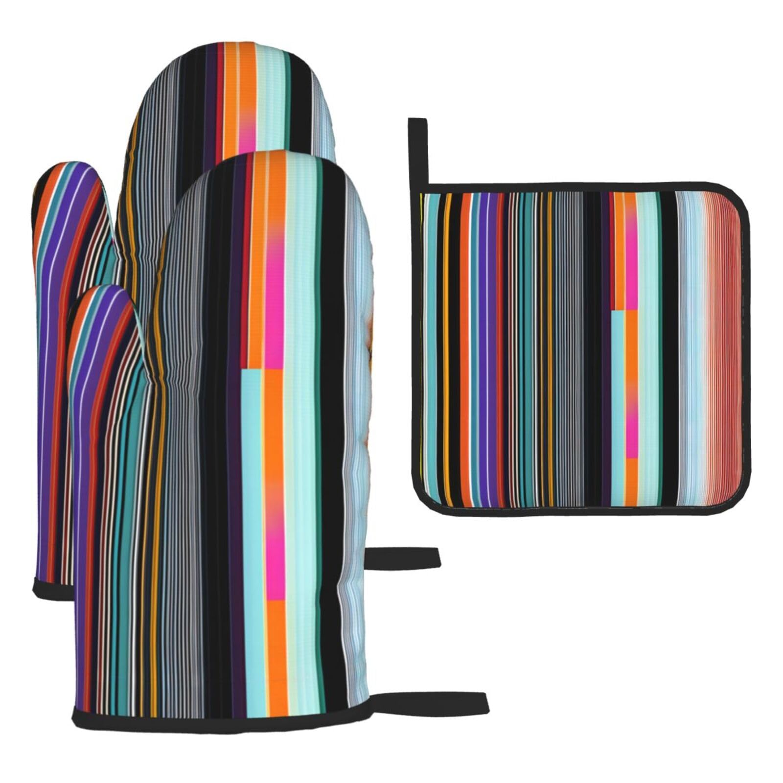 Irregular vertical lines Oven mittens and oven mitts three-piece set suitable for oven, grilling, baking, microwave and home cooking.