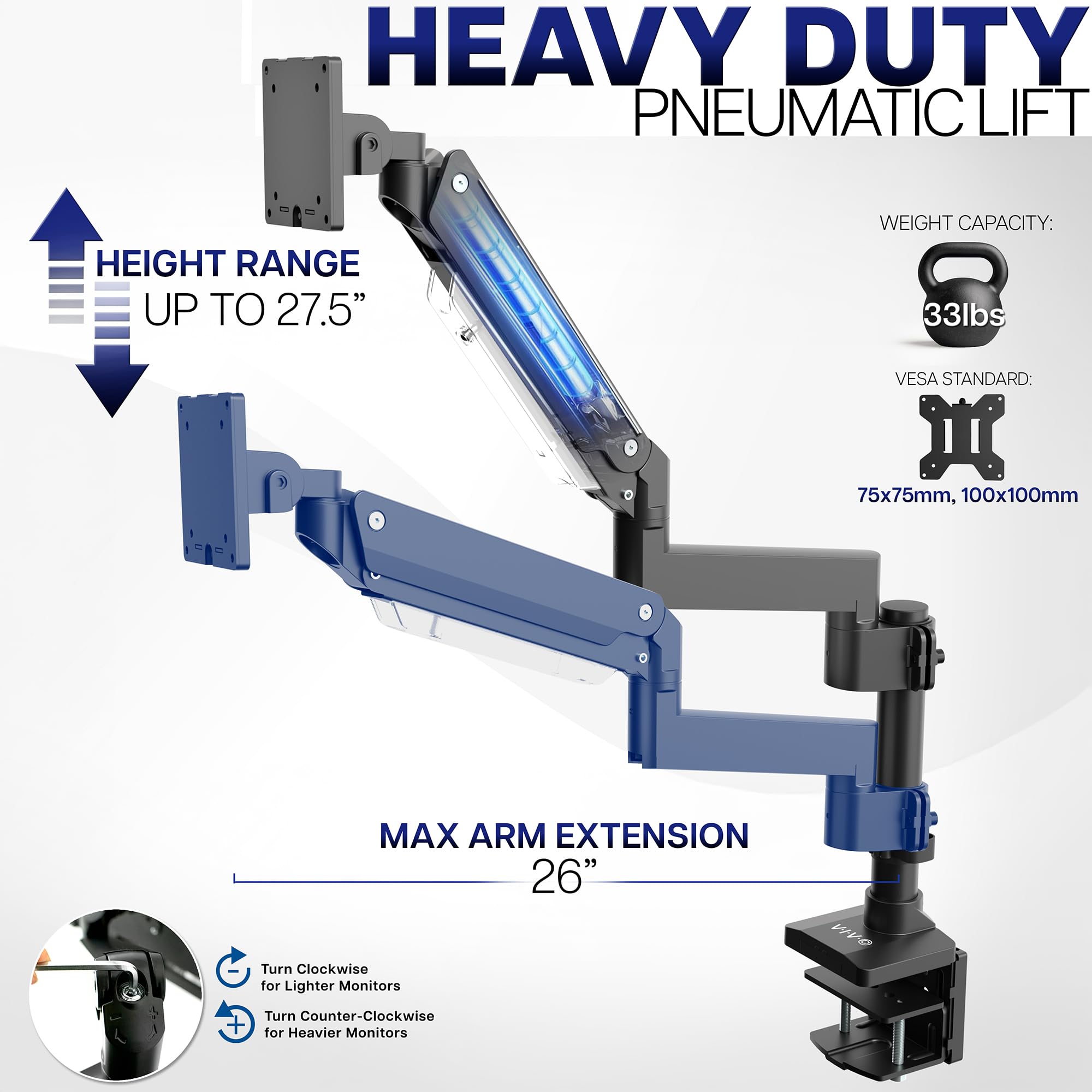 VIVO Premium aluminium enkele scherm pneumatische veer monitor arm bureau mount standaard met verlengpaal | Past op één scherm tot 35 inch (STAND- V101GT
