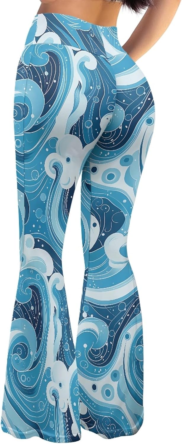 Amzbeauty Stretch Wide Leg Bell Bottoms for Women Trendy Print Tummy Control High Waist Yoga Pants