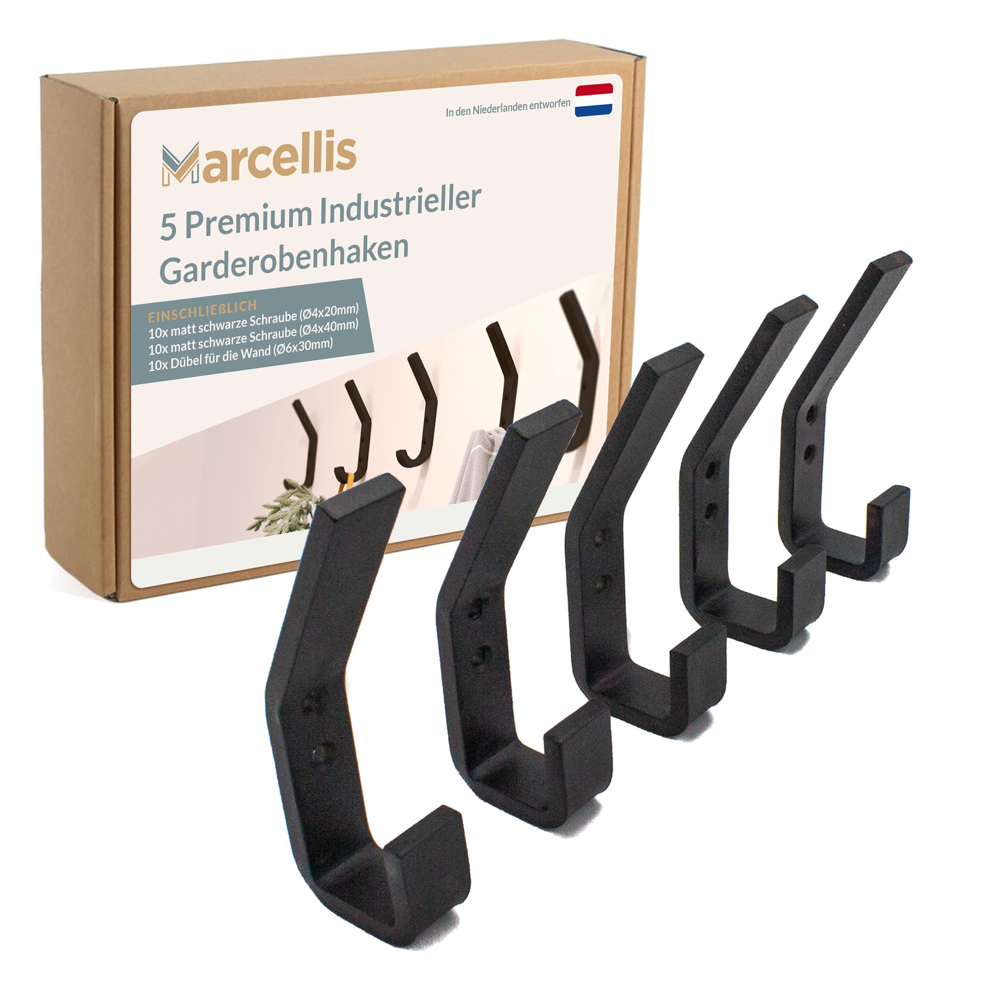 Marcellis Premium Haken, Matt Schwarz, 5x Industrielle Haken (80 kg Tragkraft) - Für einfache Handhabung entworfen mit hochwertiger Verarbeitung und Montagematerial - 11x2x4,2 cm (HxWxD)
