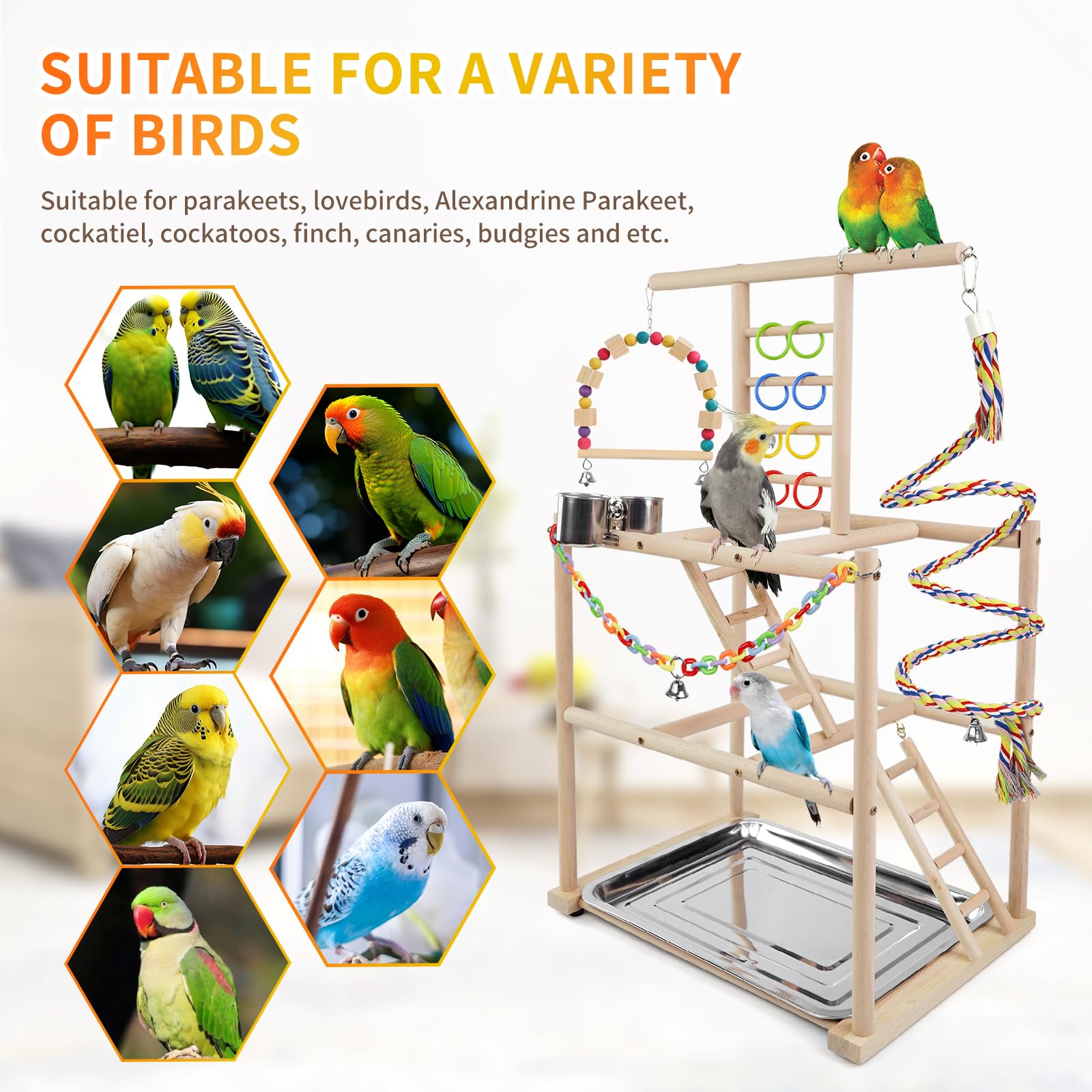 Bird Playground, Parrots Playstand for Small to Medium Birds, Perch Stand with 3 Ladders Playgym with Rope Perch, Swings Feeder Cups Bird Cage Accessories for Conure Cockatiel Lovebirds - image 5