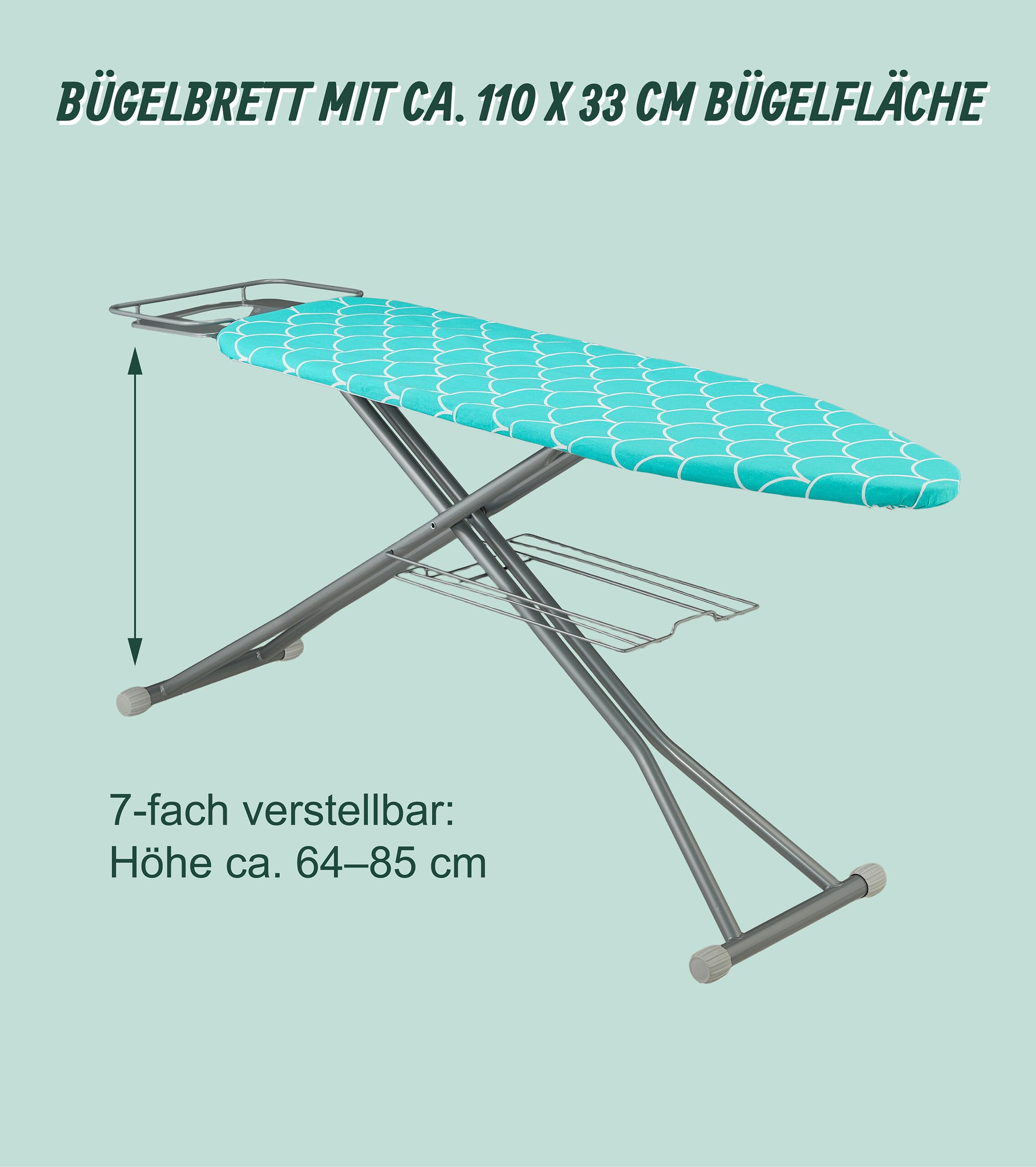 Relaxdays Bügelbrett für Dampfbügeleisen, 122 x 39,5 cm, höhenverstellbar, klappbar, Ablage, Bügeltisch, türkis/Silber