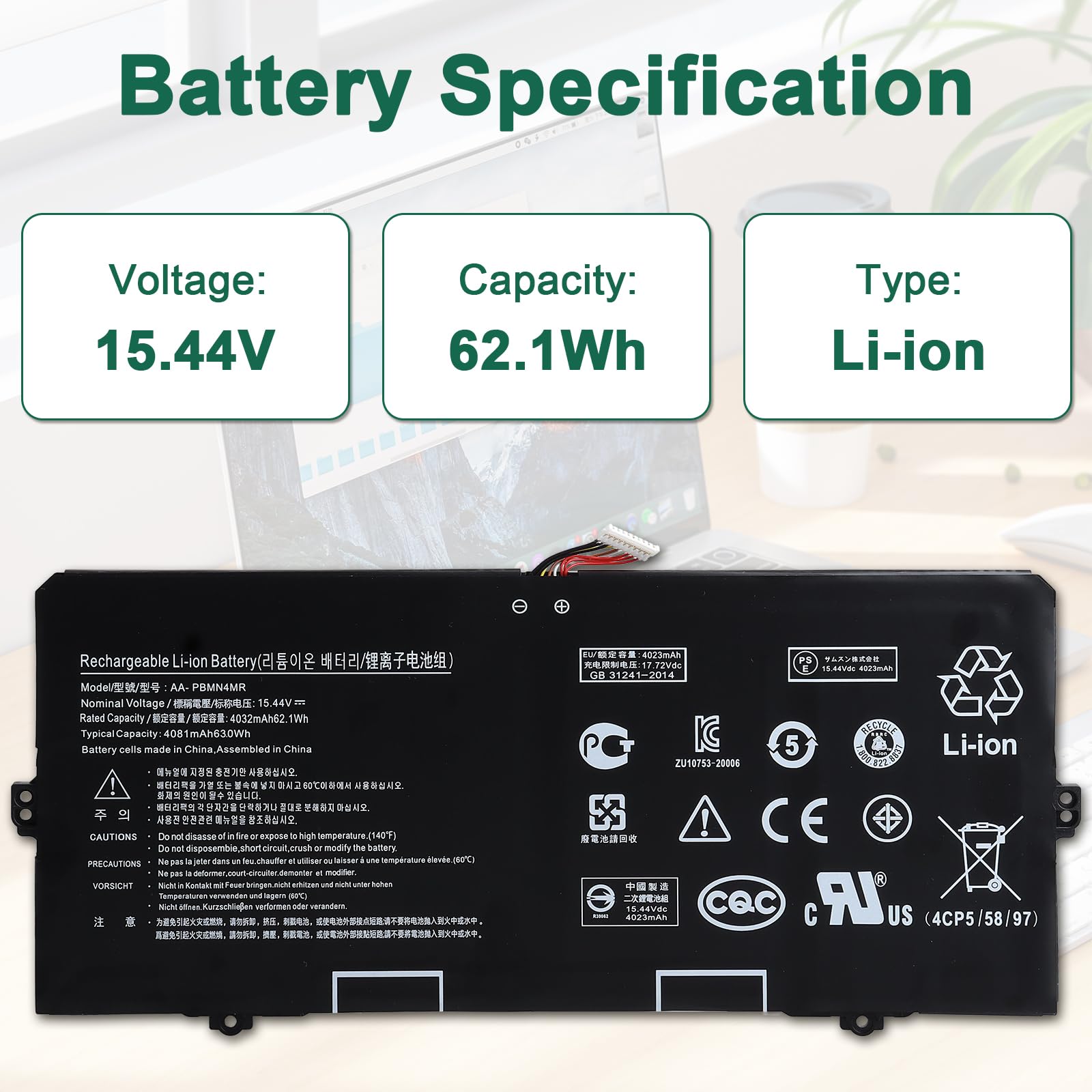 15.44V 62.1Wh AA-PBMN4MR Batería Compatible con Samsung Galaxy Book Pro 360 13 NP930XDB NP935XDB, Book2 Pro 13 NP930XED, Book3 Pro 14 NP940XFG Series
