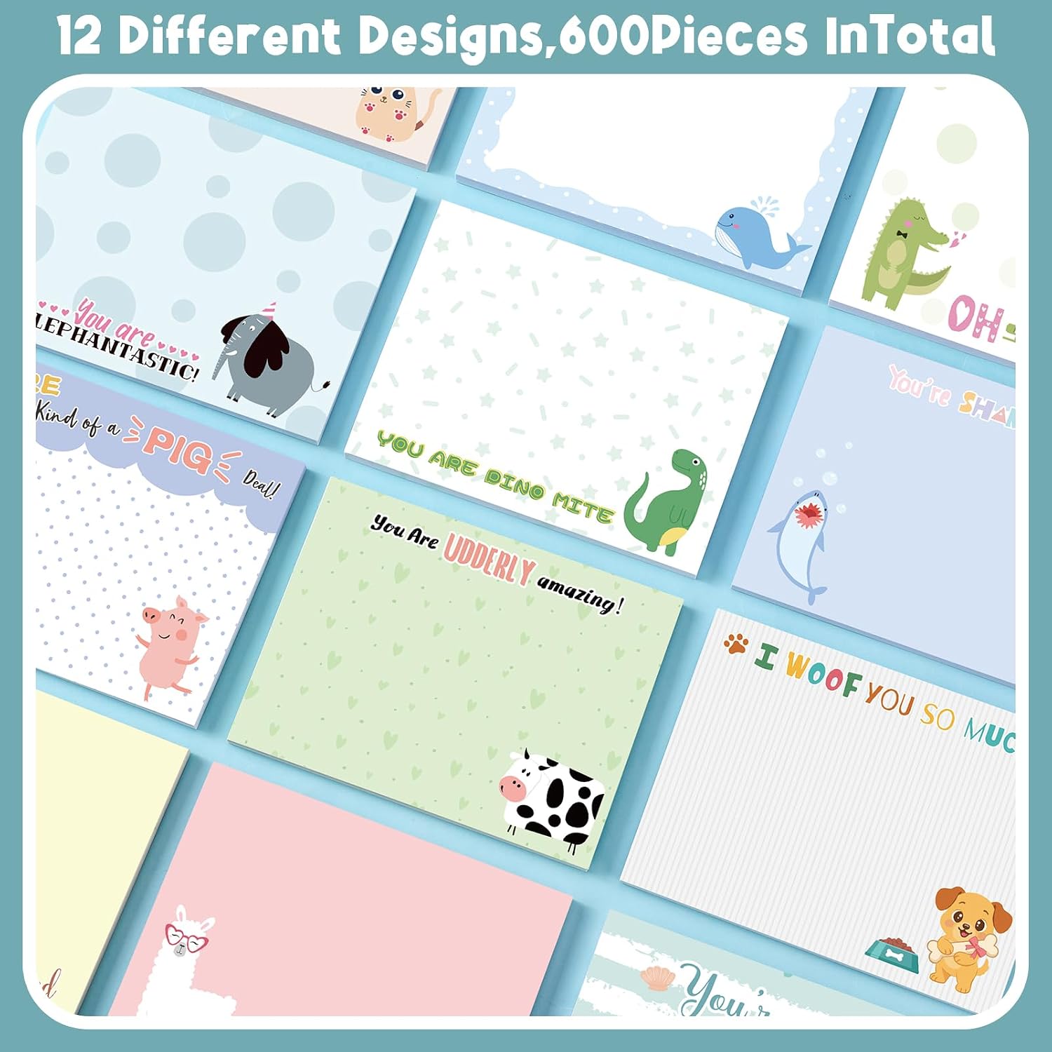 12 Pad 600 Sheets Cute Sticky Notes Funny Animal Pun 3x4 Inch image 3