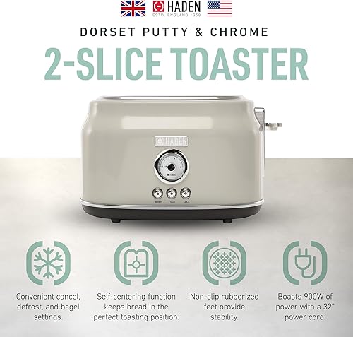Miniatura 2 de Haden DORSET - Tostadora retro de acero inoxidable con control de tostado ajustable y ajustes de cancelación, descongelación y recalentamiento