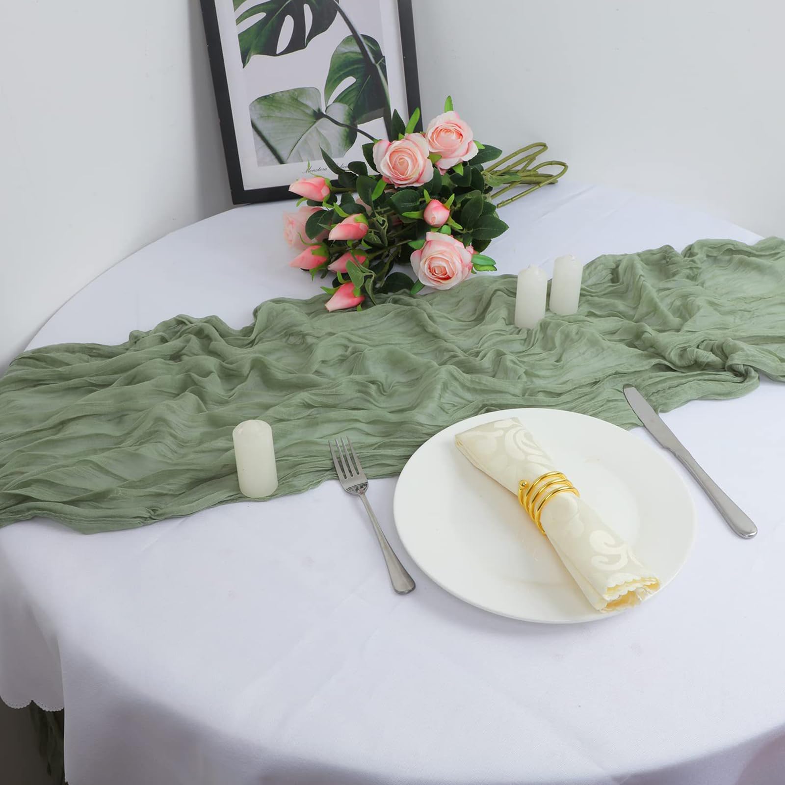 FOSDICK 1Pcs Sage Green Cheesecloth Table Runner, 90×300cm, Rustic Gauze Fabric, Boho Style, Polyester, Natural, Textured - Image 2