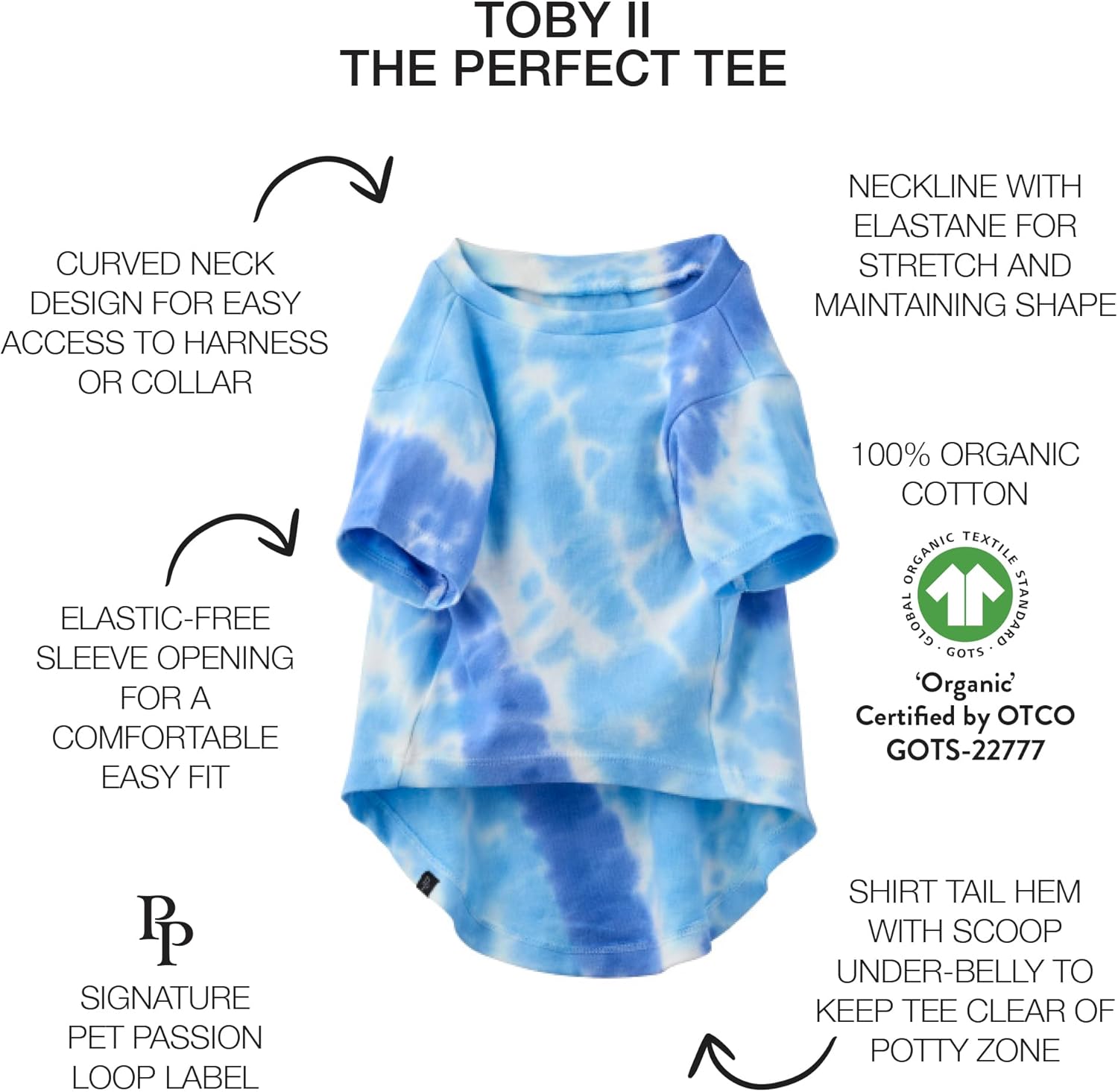 Pet Passion Toby II - The Perfect Tee, 3 Pack Short Sleeve Pet T-Shirt 100% Organic Cotton Tees Clothes for Small, Medium, Large Dogs​​, Blue Tie Dye, XX-Small (4-7 lbs)